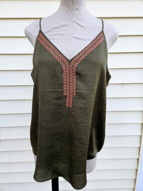 Express V-Cut Camisole Dark Olive Green w/ Pink Embroidered Neckline Detailing L